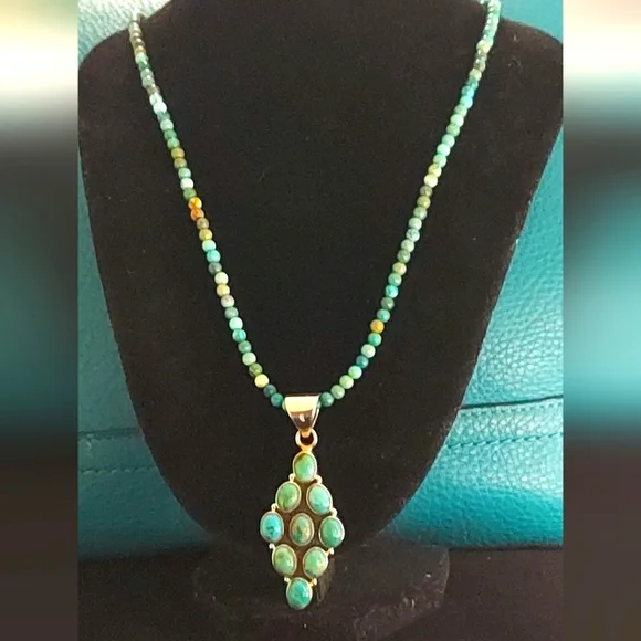 Natural Turquoise Beaded Neckace with Turquiose Pendant in Sterling Silver - Picture 2 of 11